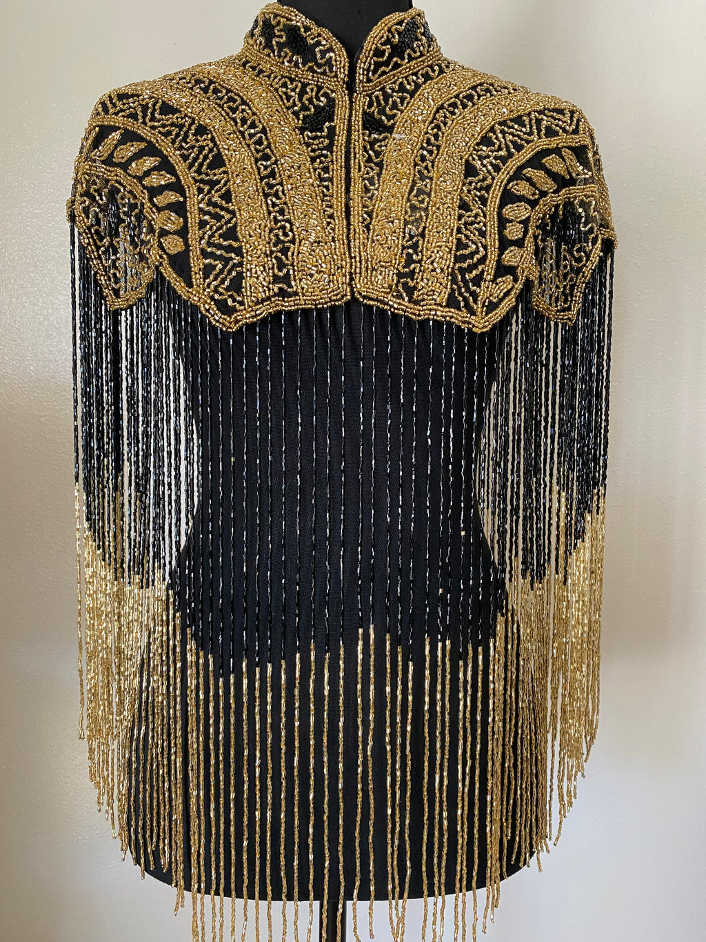 Black and Gold Beaded Fringe Cape