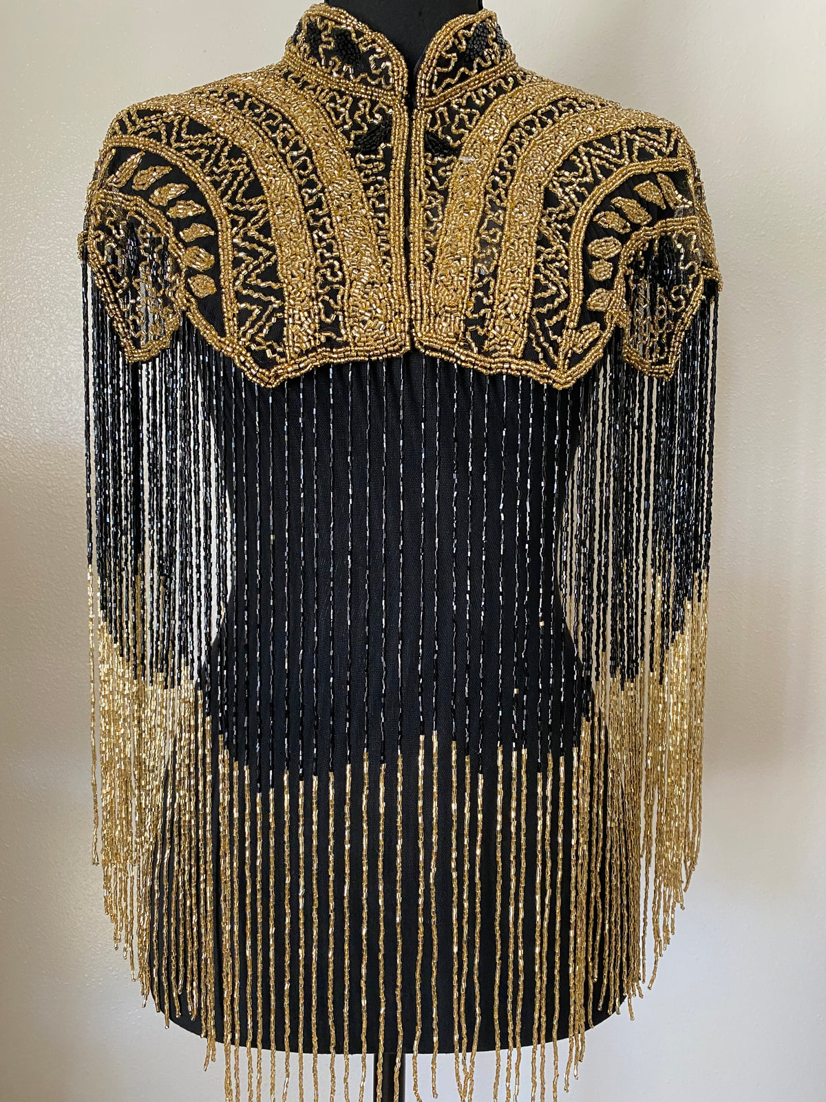Black and Gold Beaded Fringe Cape
